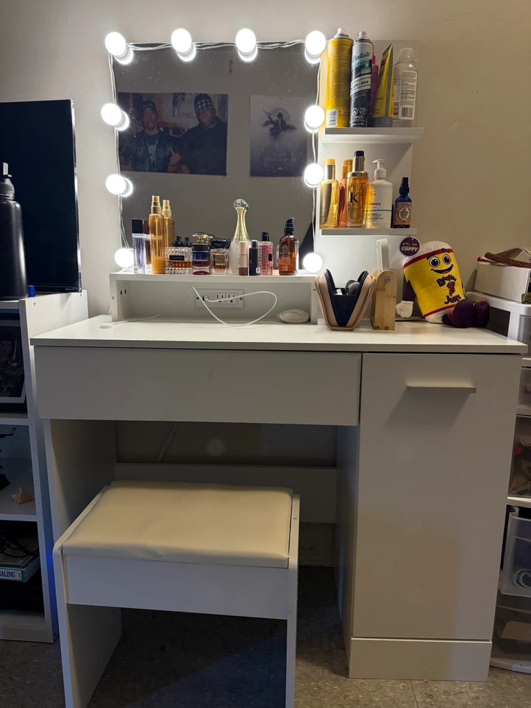 White Vanity Desk with Lights and Stool