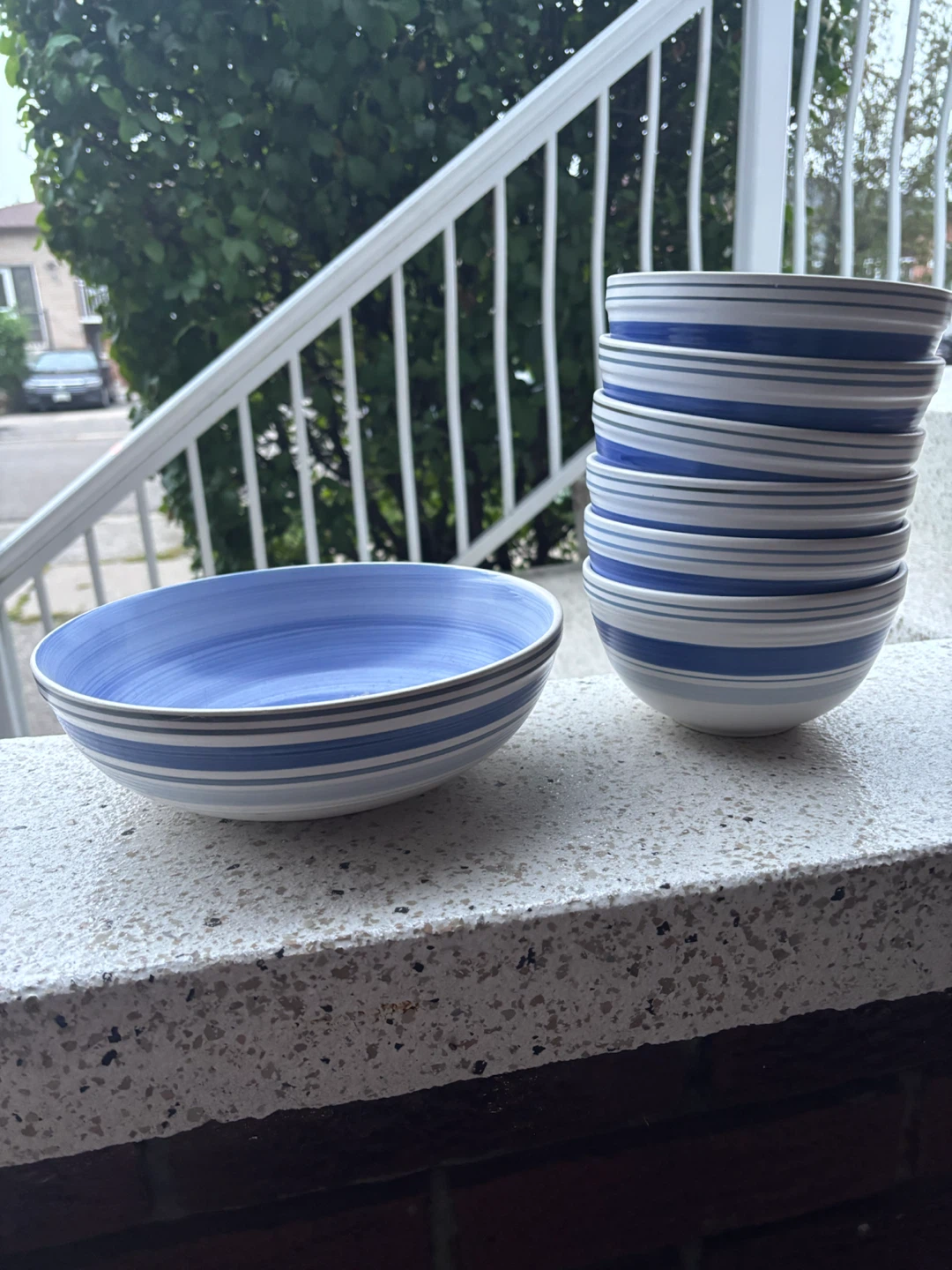 Set of 7 Blue and White Striped Bowls