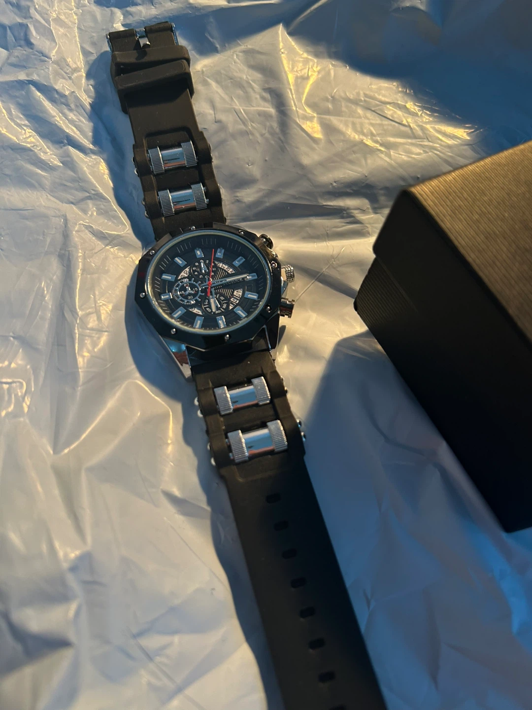 Men's Black Chronograph Watch with Silicone Band