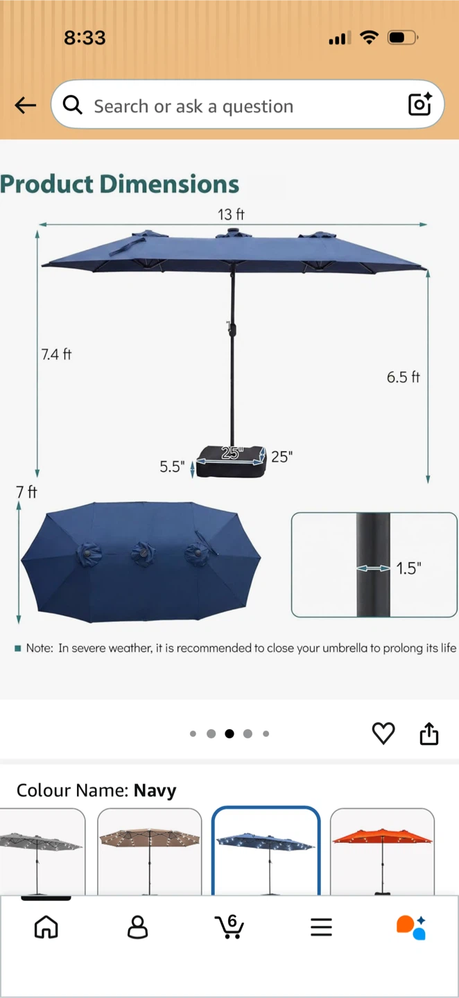 Navy Blue Double-Sided Patio Umbrella with LED Lights