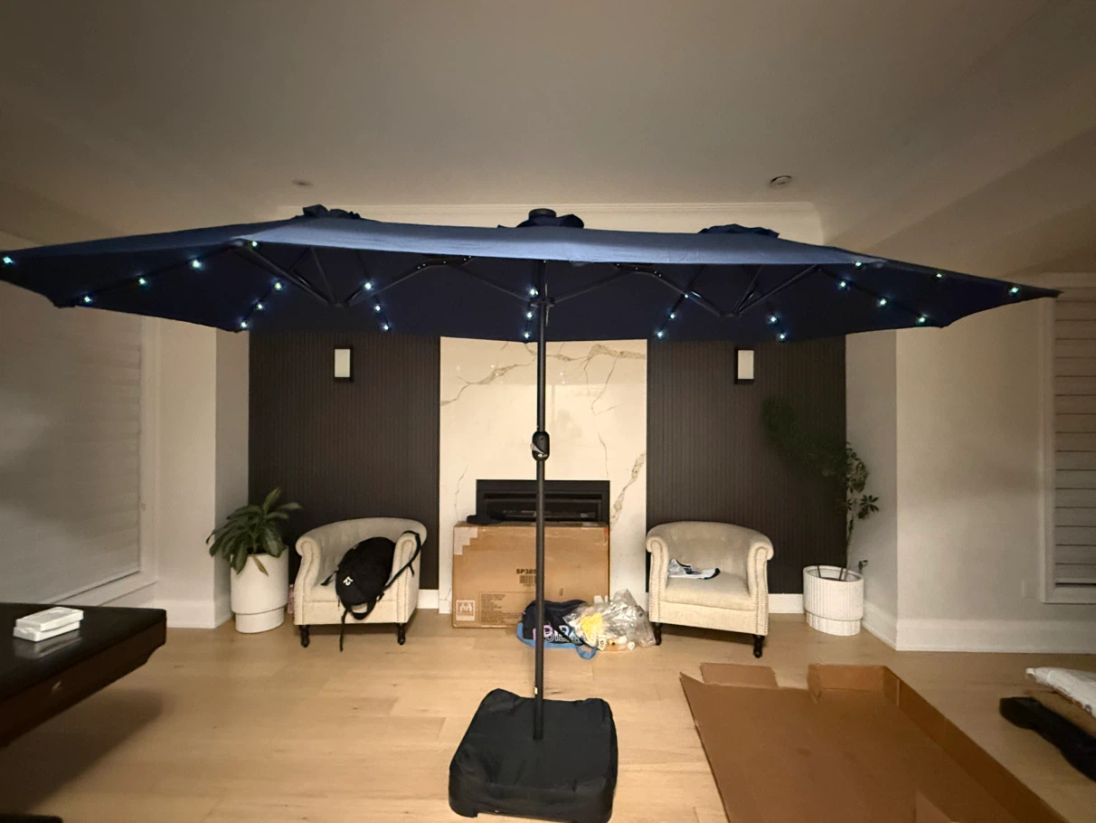 Navy Blue Double-Sided Patio Umbrella with LED Lights - photo 2