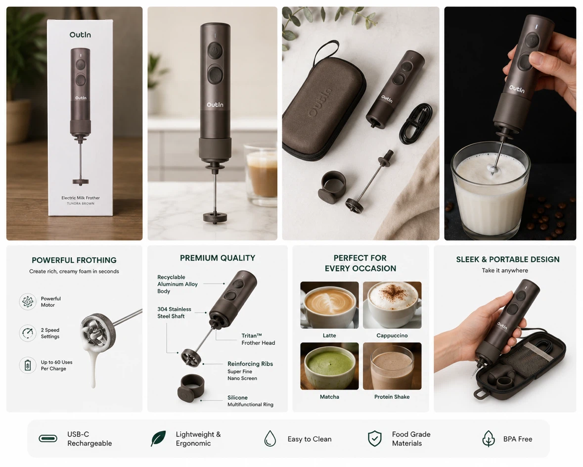 Brand New Outlin Electric Milk Frother - Tundra Brown