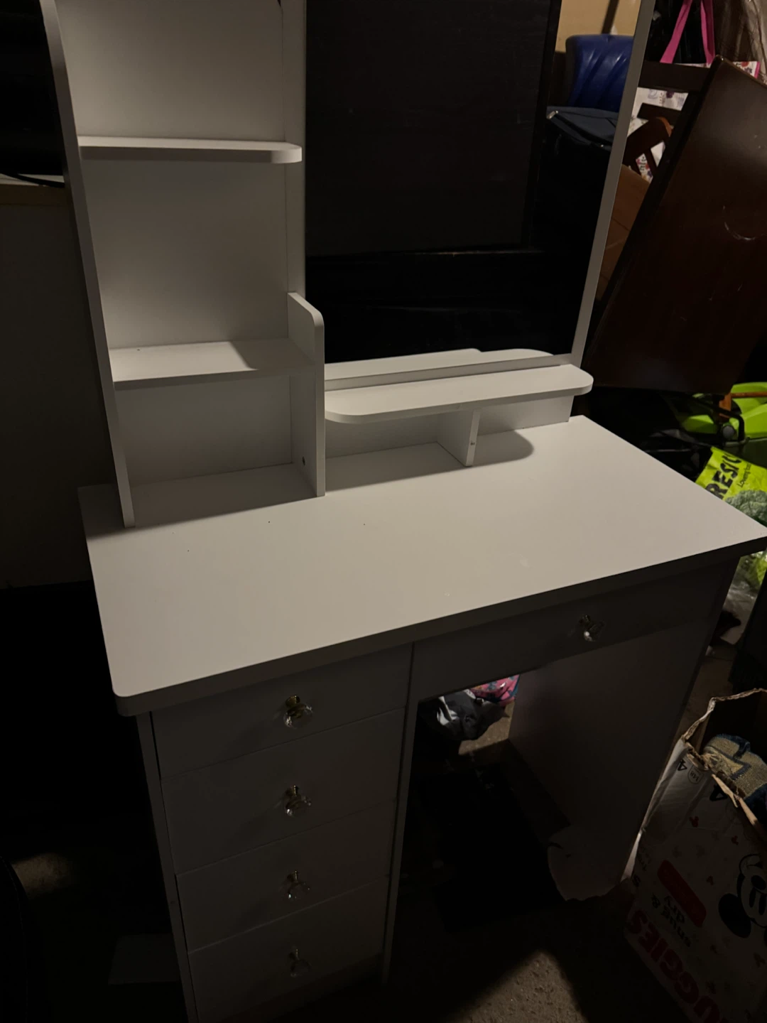 New White Vanity Desk with Mirror and Shelves