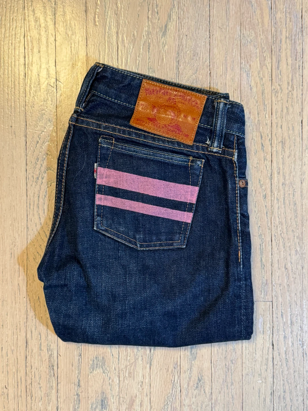 Japanese Momotaro Jeans Indigo Denim with Pink Stripes