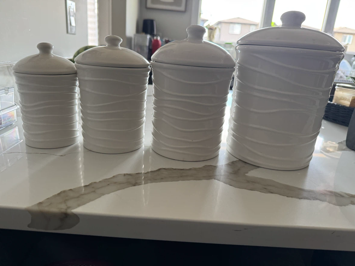 Set of 4 White Ceramic Kitchen Canisters