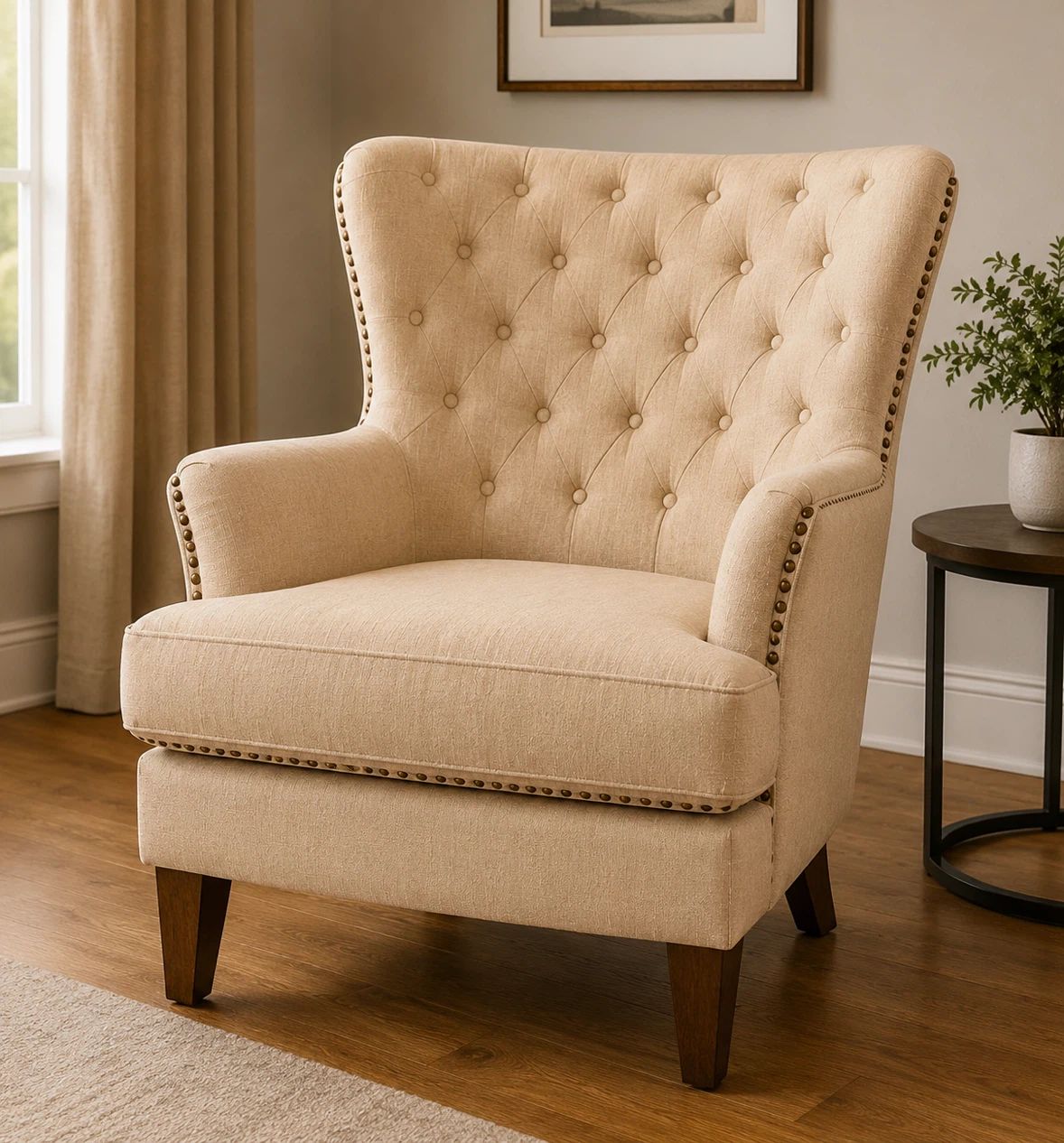 Beige Tufted Wingback Armchair