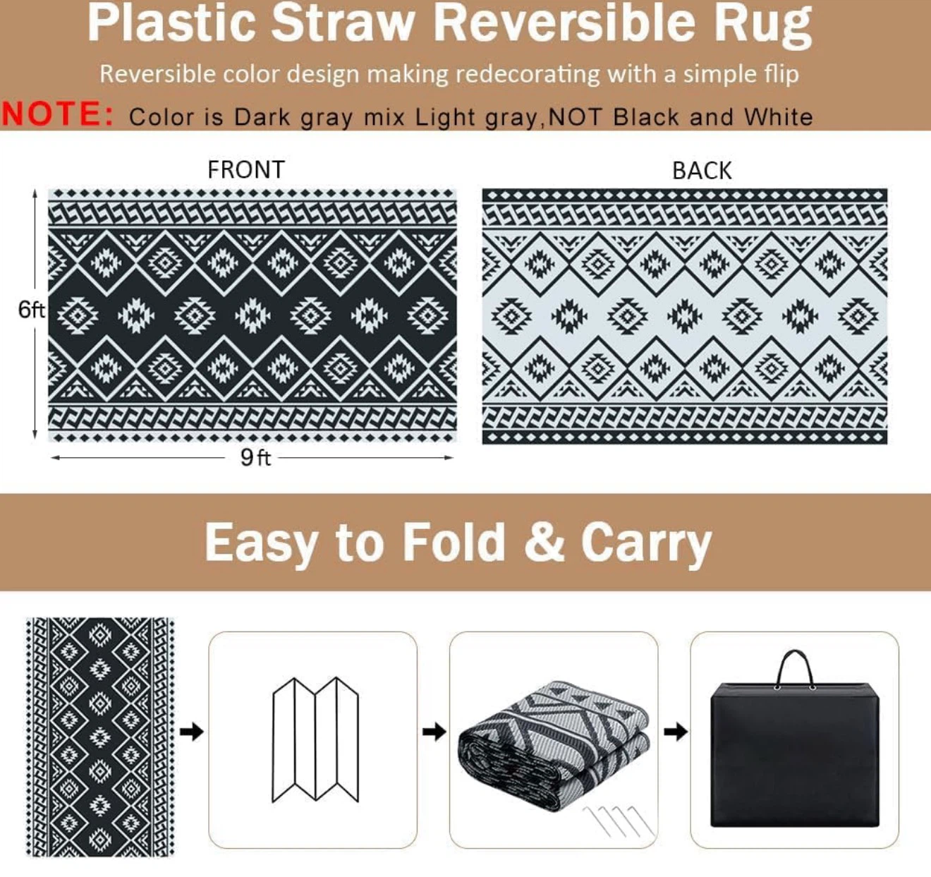 Reversible Plastic Straw Outdoor Rug 6ft x 9ft - photo 2