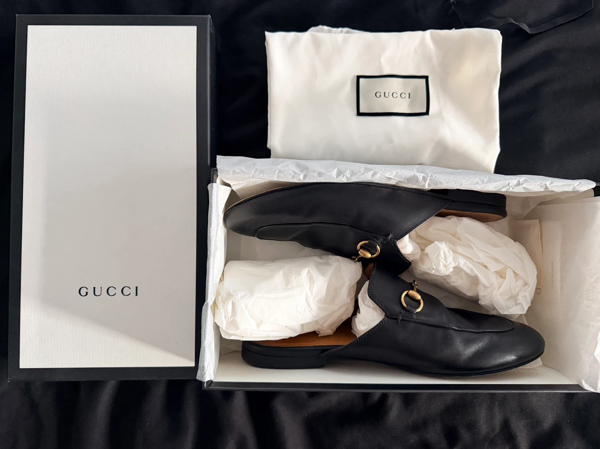 Gucci Black Leather Horsebit Mules Size 38+