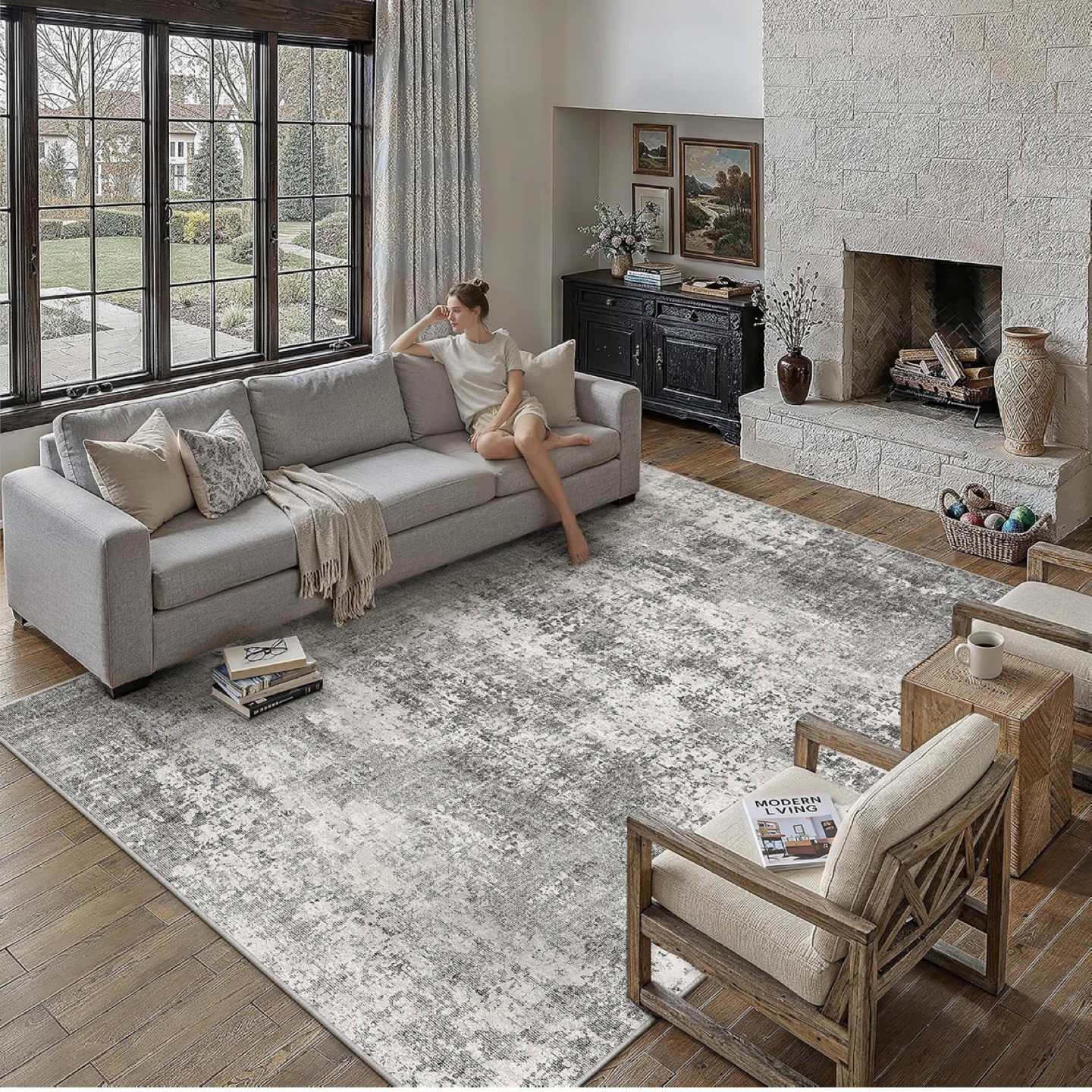 Machine Washable Grey Distressed Area Rug