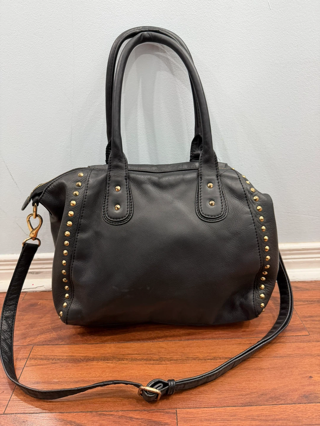 Black Danier Leather Studded Satchel Bag with Shoulder Strap