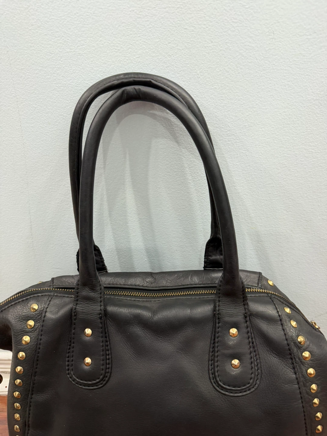 Black Danier Leather Studded Satchel Bag with Shoulder Strap - photo 2