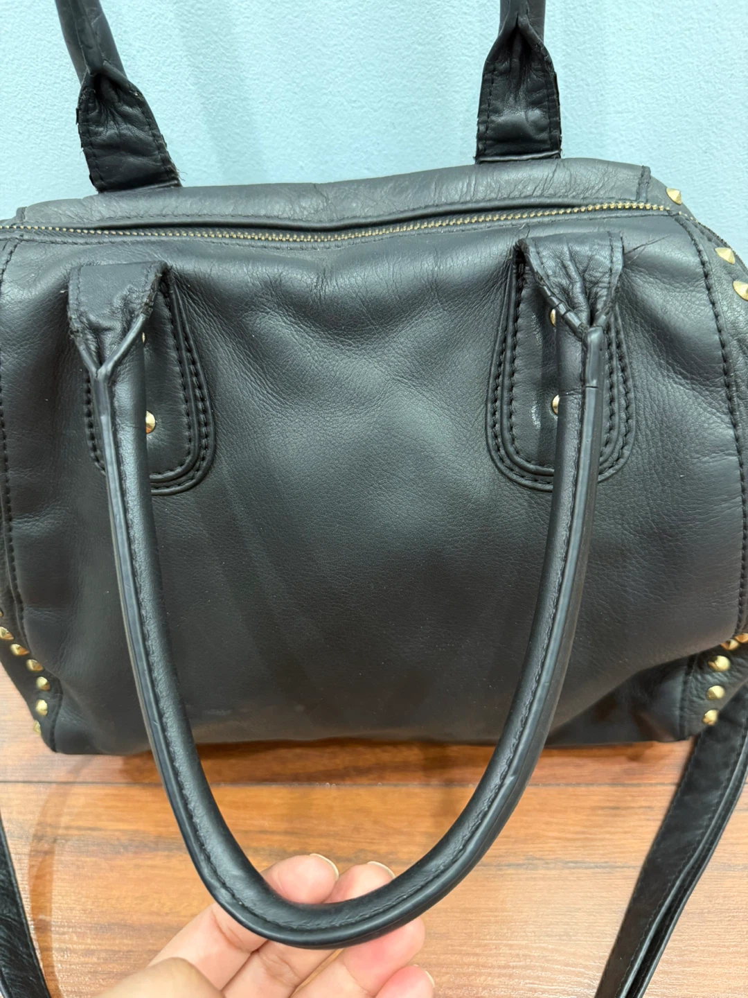 Black Danier Leather Studded Satchel Bag with Shoulder Strap - photo 3