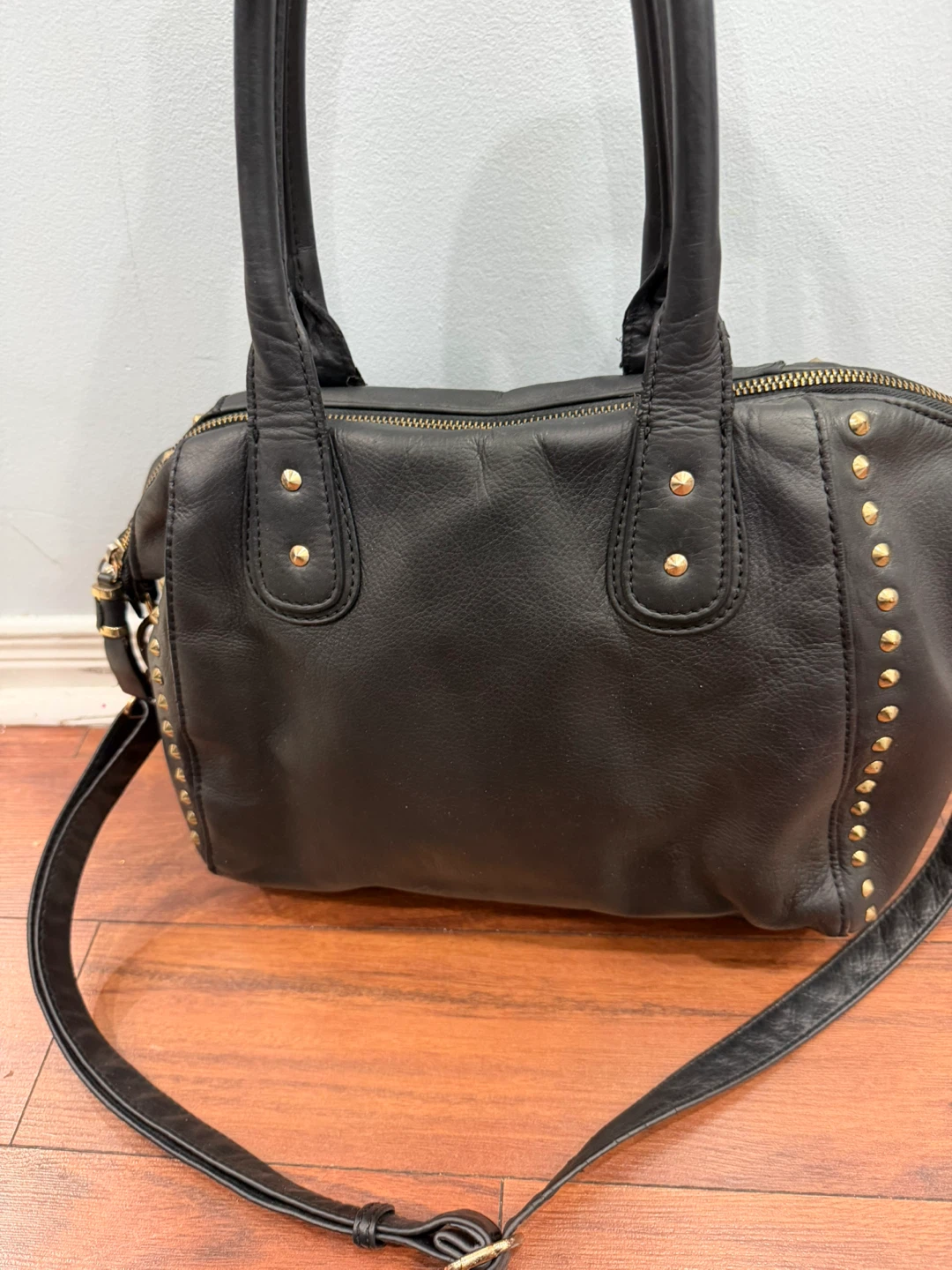 Black Danier Leather Studded Satchel Bag with Shoulder Strap - photo 5