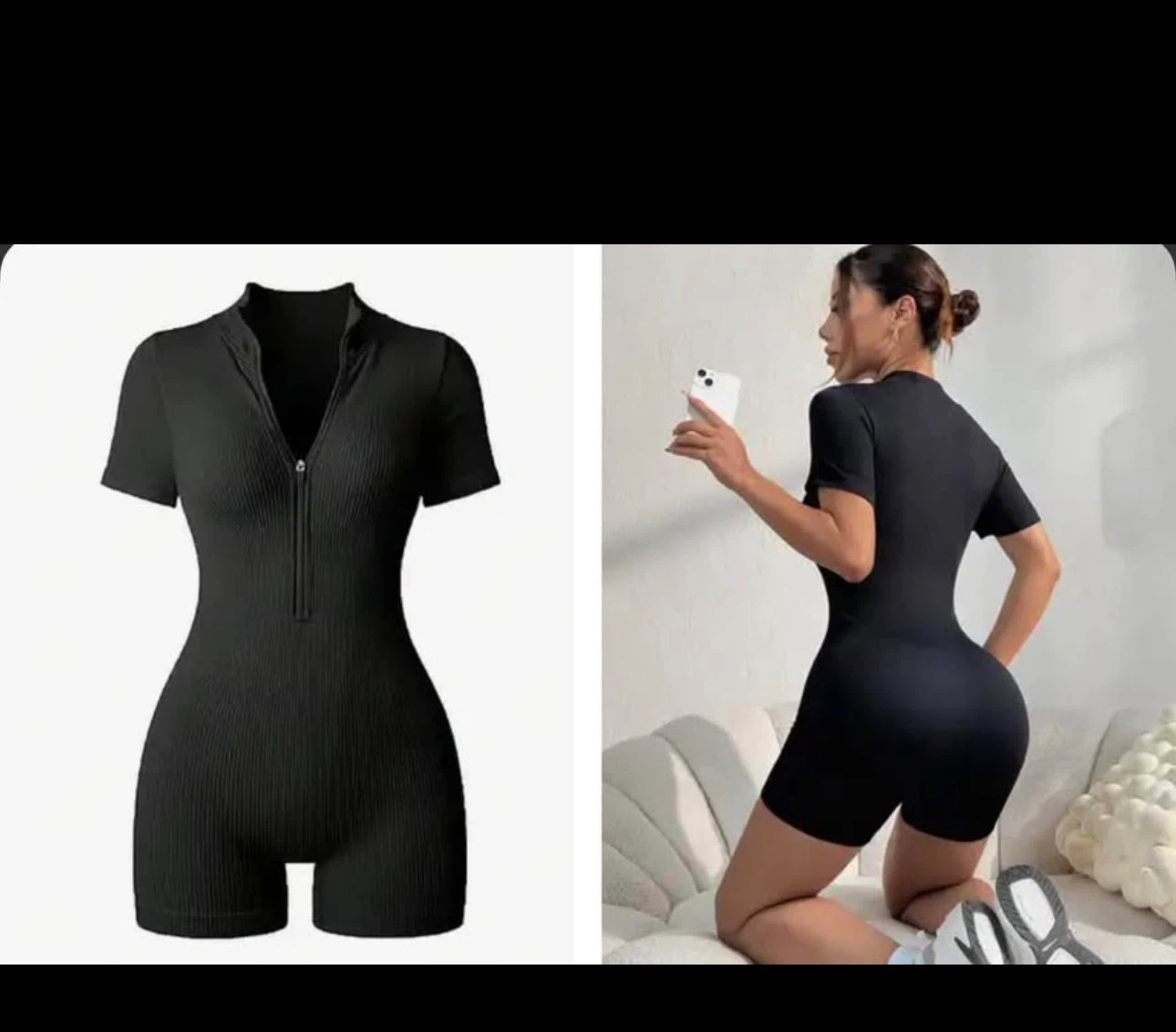 Brand New Black Ribbed Zip-Up Romper. Size Med