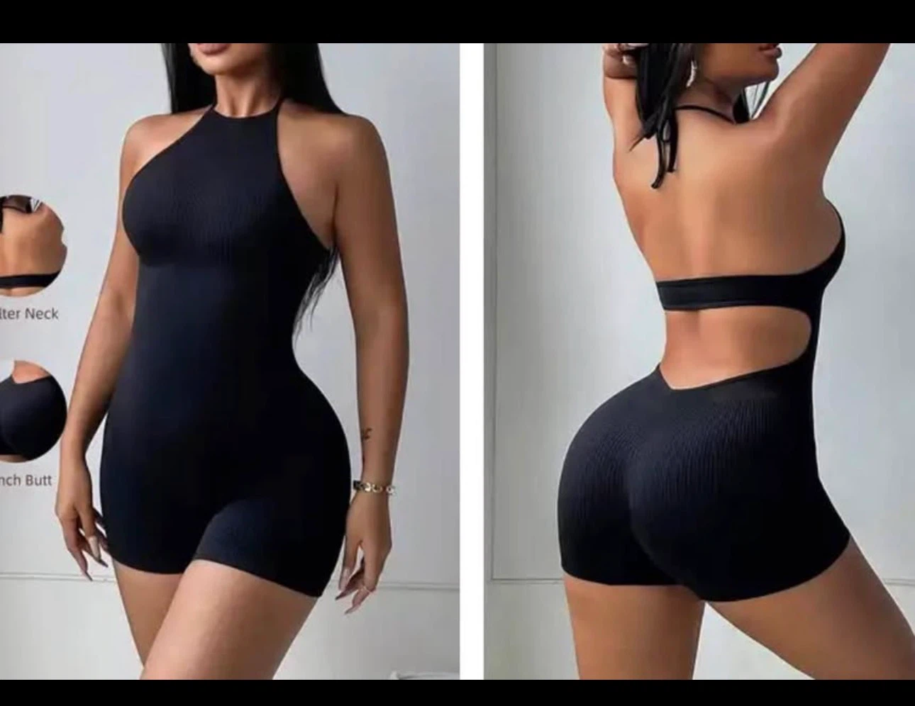Brand New Black Halter Neck Ribbed Romper. Size Med