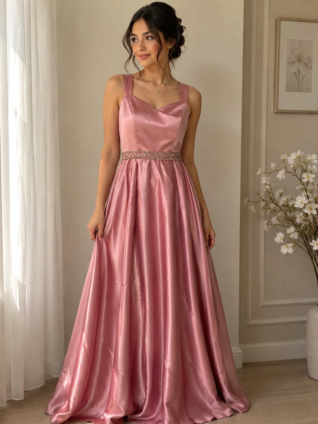 Pink Satin Beaded Waist Formal Gown