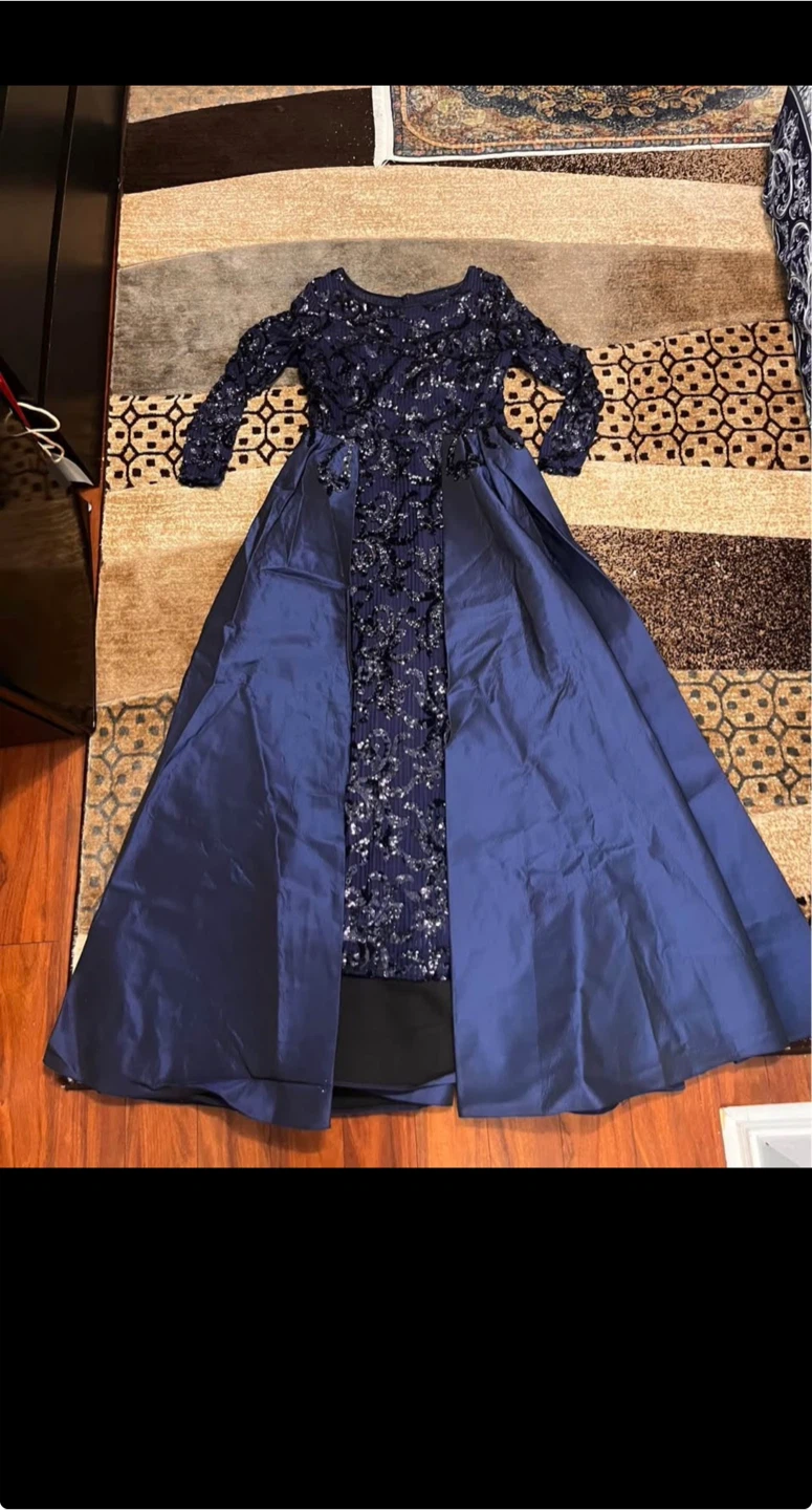 Navy Blue Sequin Embellished Evening Gown - photo 2