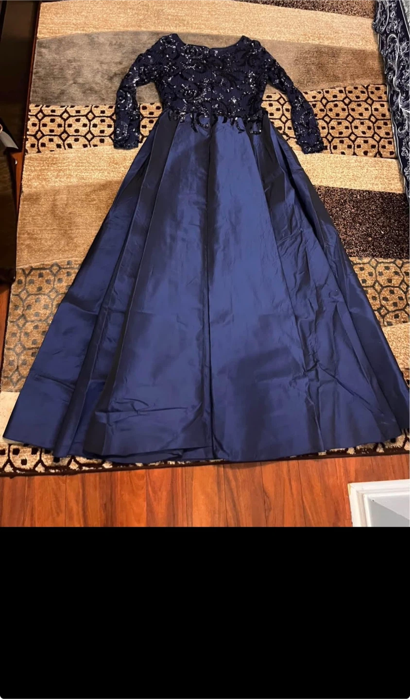 Navy Blue Sequin Embellished Evening Gown - photo 3