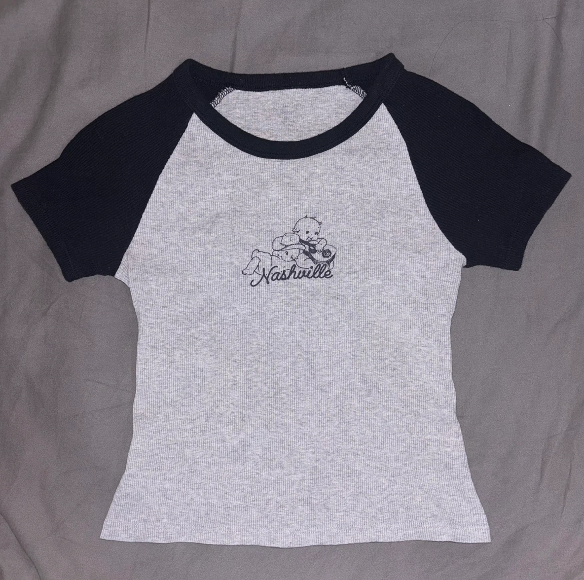 Brandy Melville Grey & Navy Graphic Baby Tee