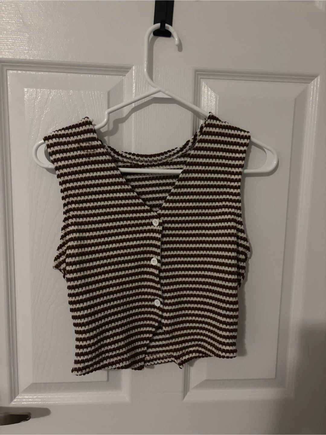 Brown and White Striped Sleeveless Button-Up Top