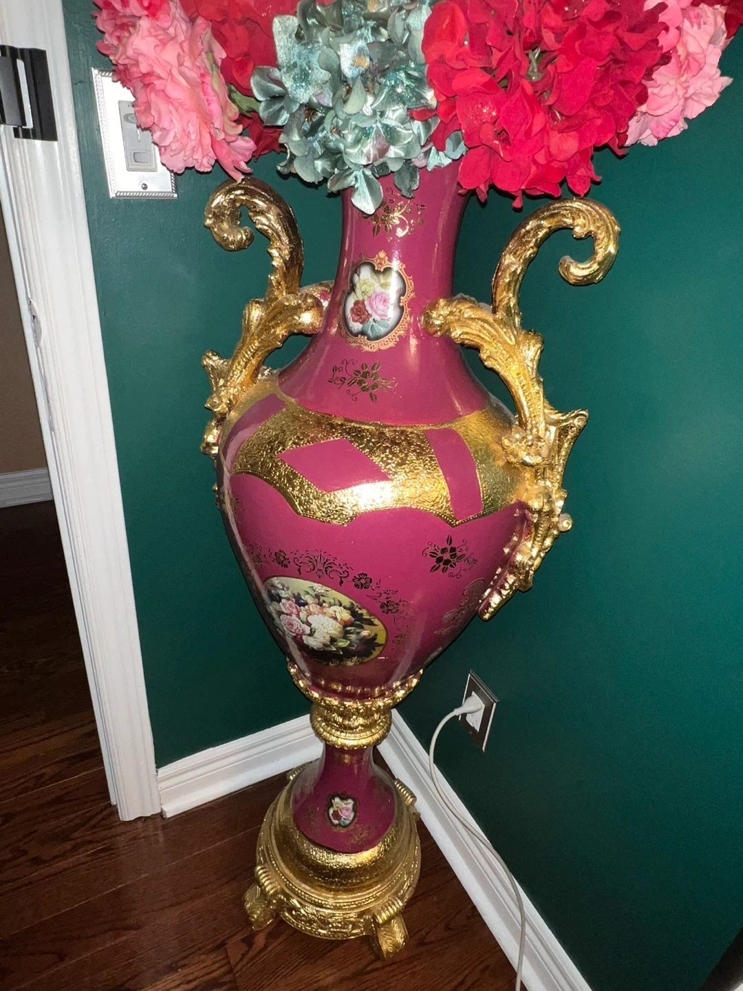 Large Decorative Pink and Gold floral rose Floor Vase