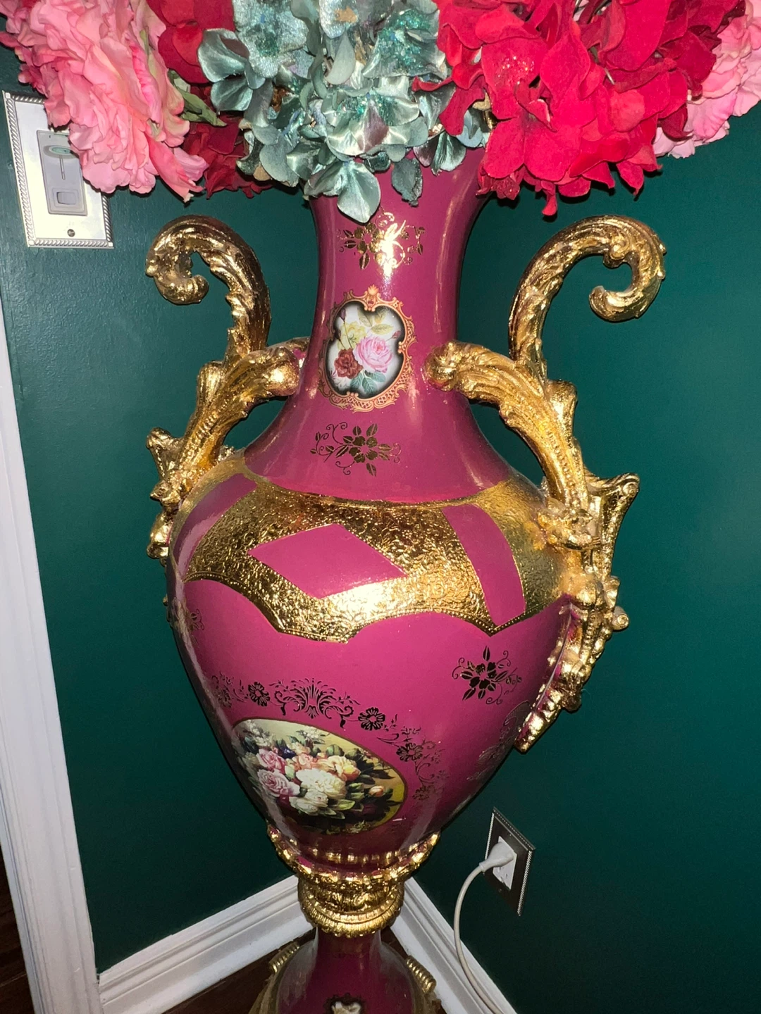 Large Decorative Pink and Gold floral rose Floor Vase - photo 3
