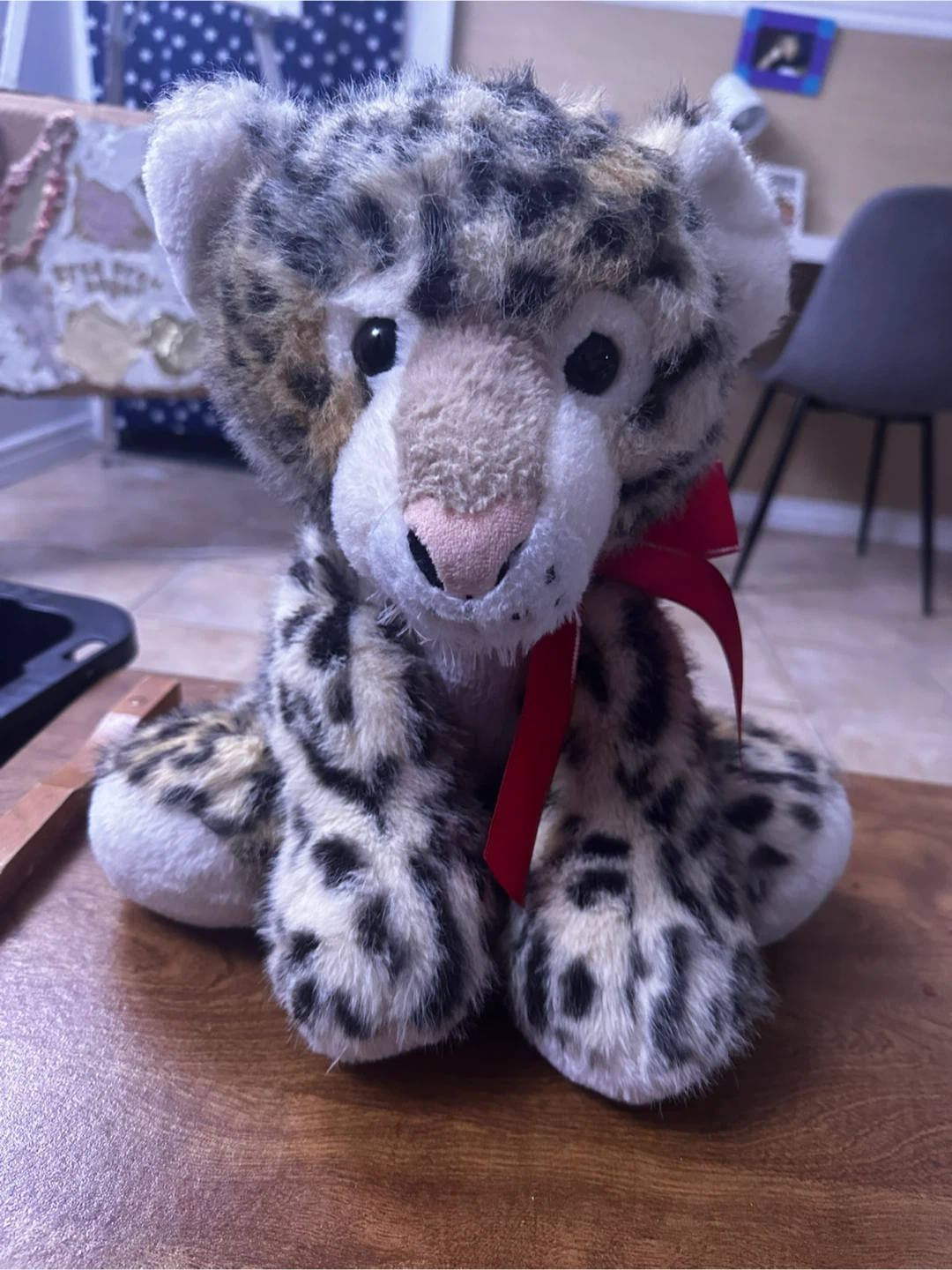 Plush Snow Leopard with Red Bow