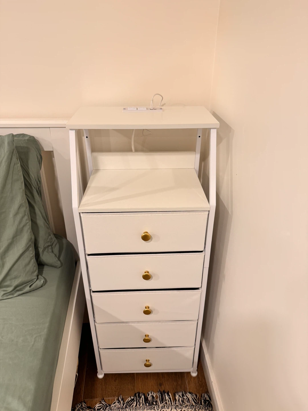 White 5-Drawer Storage Unit with led light and Gold Knobs