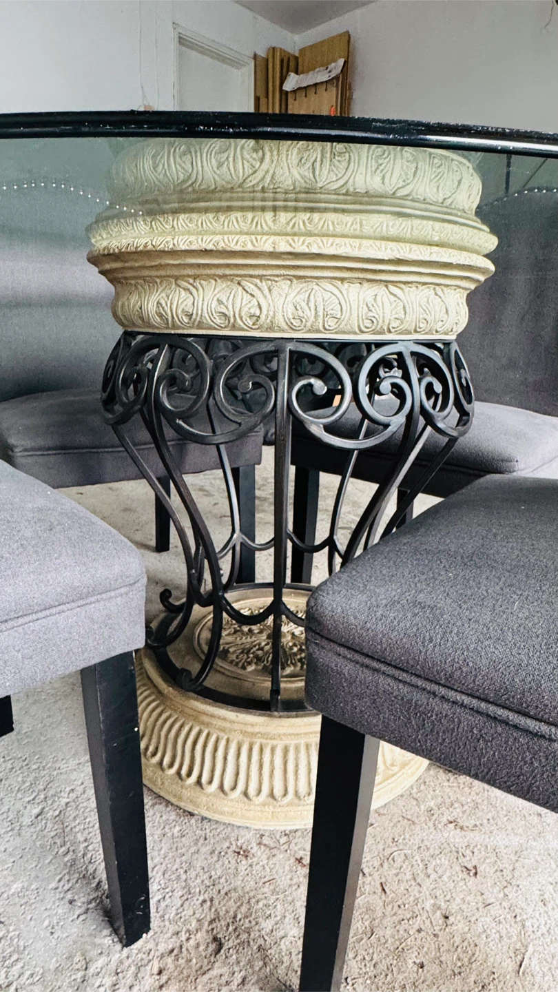 Round Glass Dining Table with Ornate Pedestal Base - photo 3
