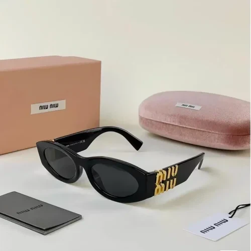 Miu Miu Black Oval Sunglasses with Gold Logo