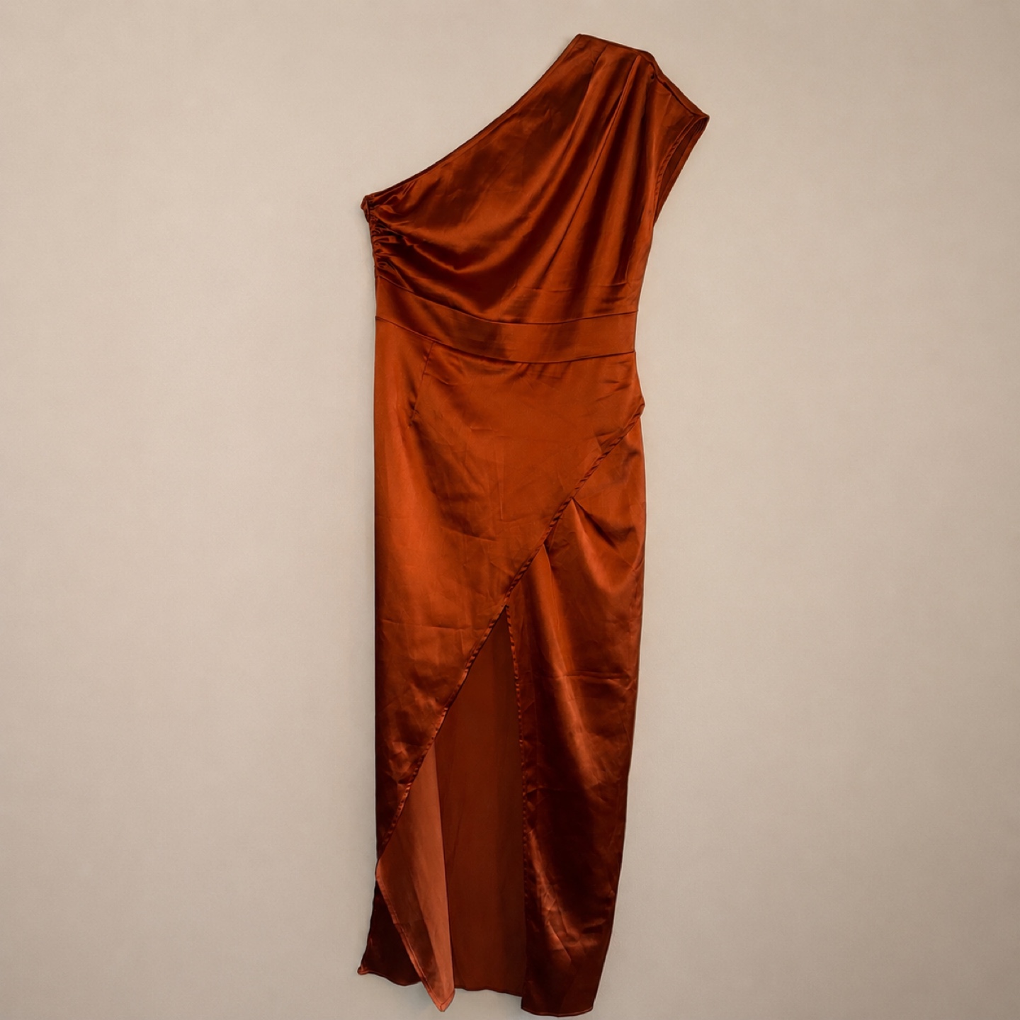 Rust Orange One-Shoulder Satin Dress