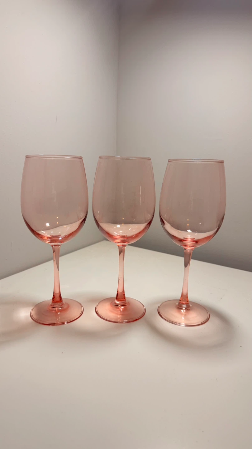 Set of 3 Pink Glass Wine Glasses