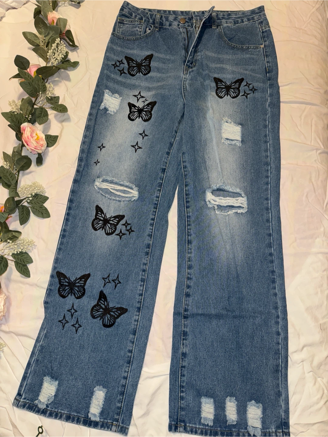 Butterfly Print Distressed Wide Leg Jeans