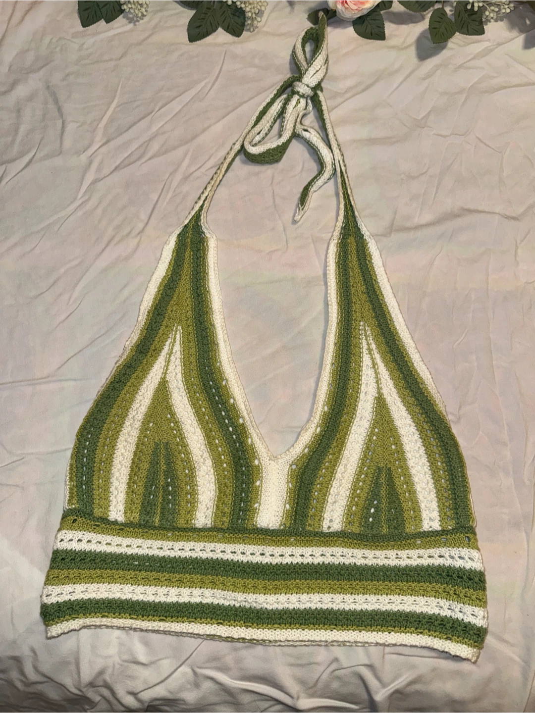 Hollister Knitted Green and White Halter Top