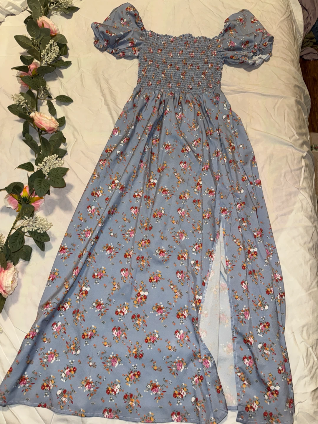 Blue Floral Puff Sleeve Maxi Dress