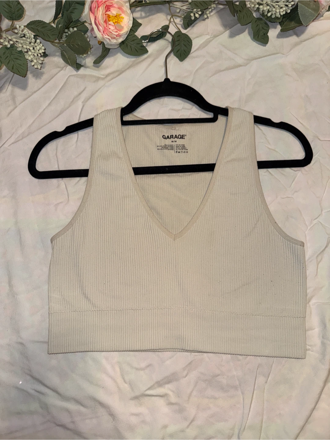 Garage Beige Ribbed V-Neck Tank Top