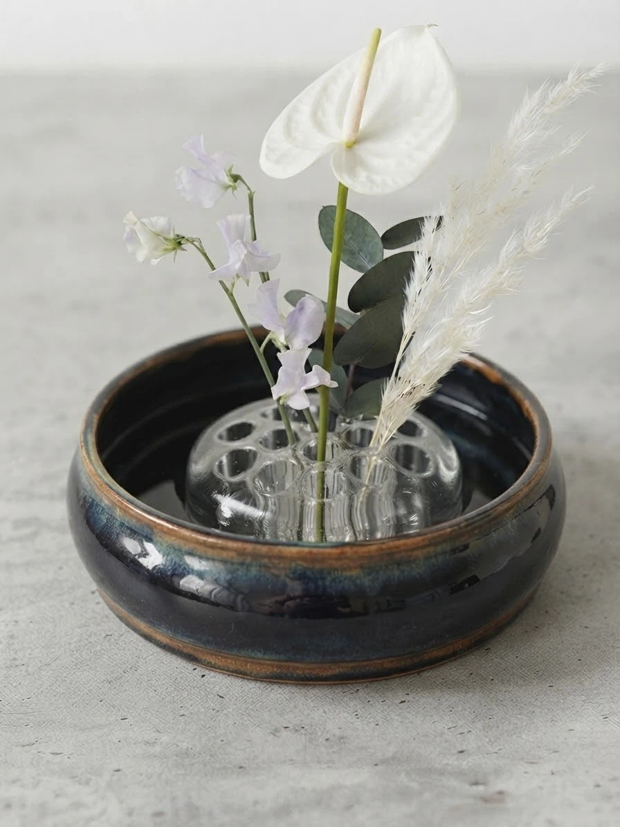 Handmade Ceramic Bowl with Flower Frog