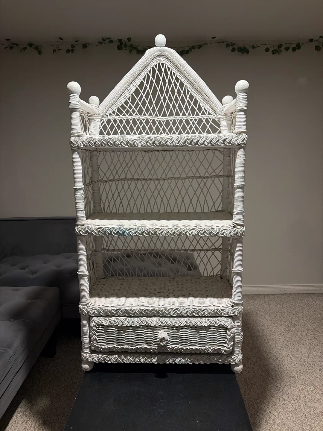 Vintage White Wicker Shelf with Drawer