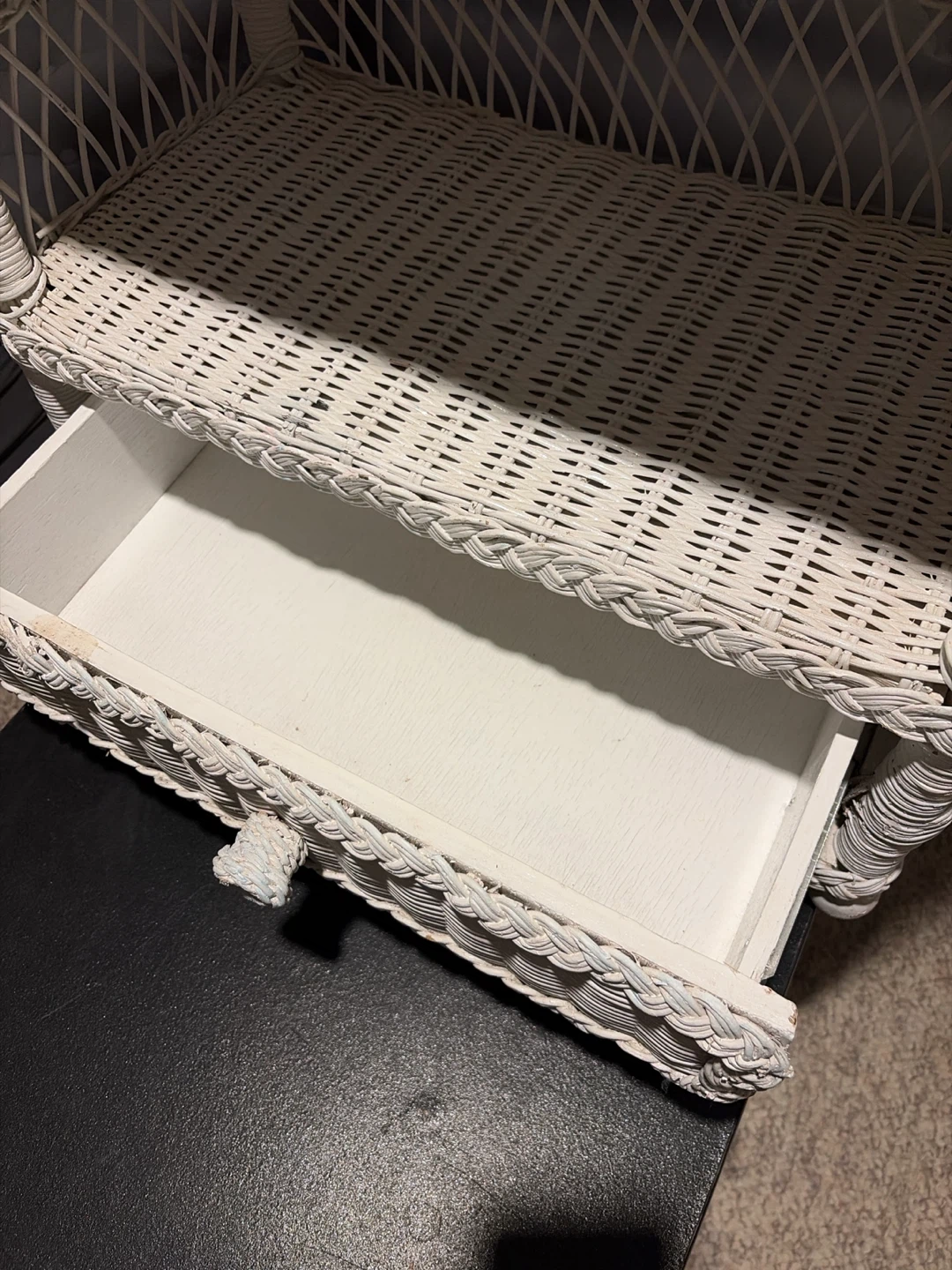 Vintage White Wicker Shelf with Drawer - photo 4