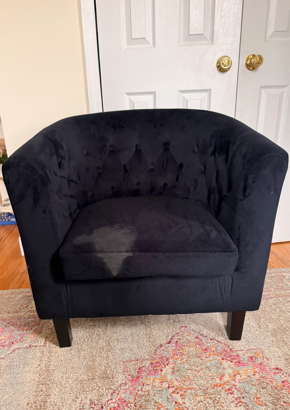 Dark blue/charcoal Velvet Tub Chair (burn mark)