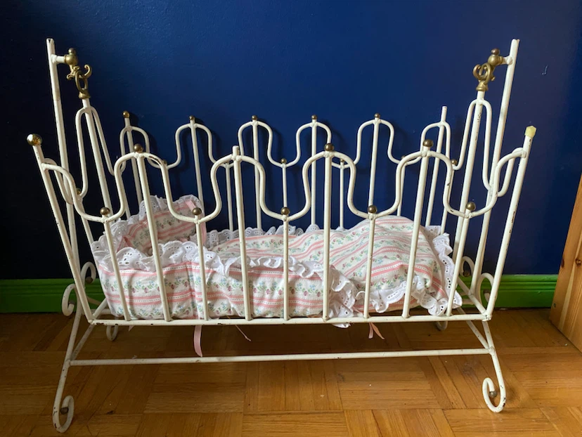 Vintage Metal Doll Cradle with Bedding