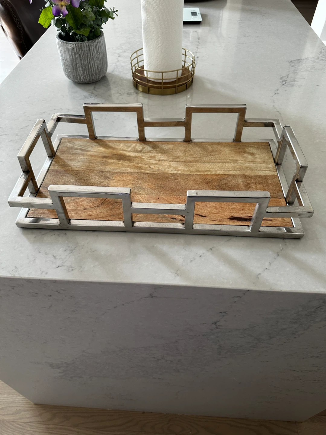Decorative Tray with Wood and Metal Accents