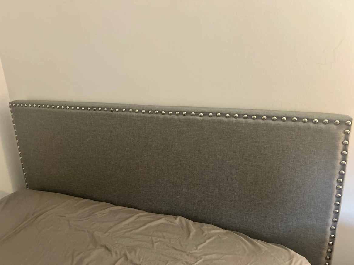 Grey Upholstered Queen Headboard with Nailhead Trim