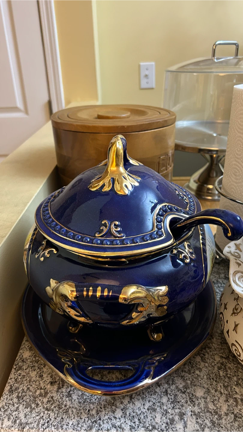 Blue and Gold Decorative Soup Tureen with Ladle