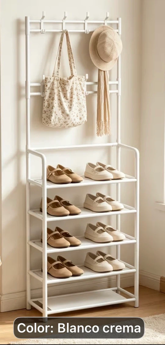 White 5 Tier Shoe Rack with 8 Hooks
