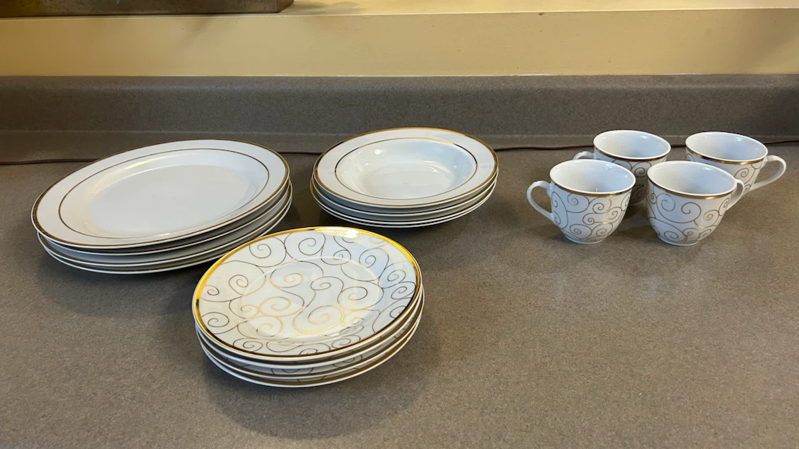 White Dinnerware Set with Gold Trim