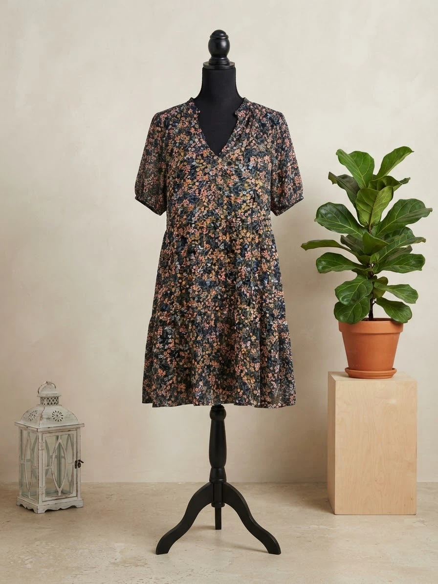 MSK Floral Print V-Neck Tiered Dress