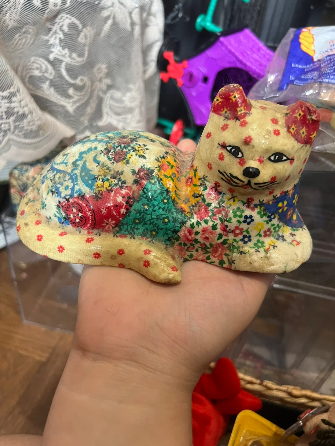 Decorative Floral Paper Mache Cat Figurine