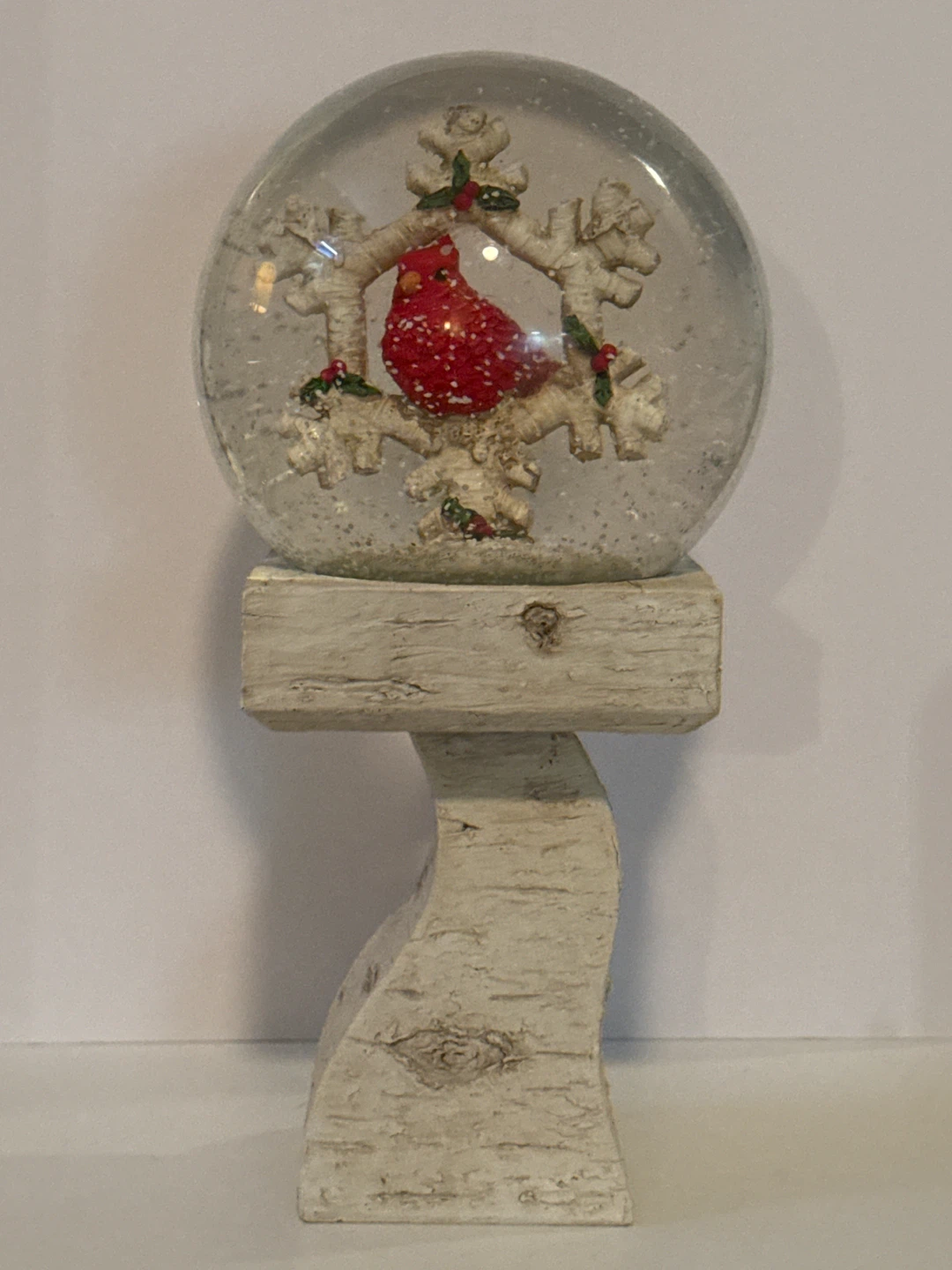 Red Cardinal Snow Globe on Birch-Style Base