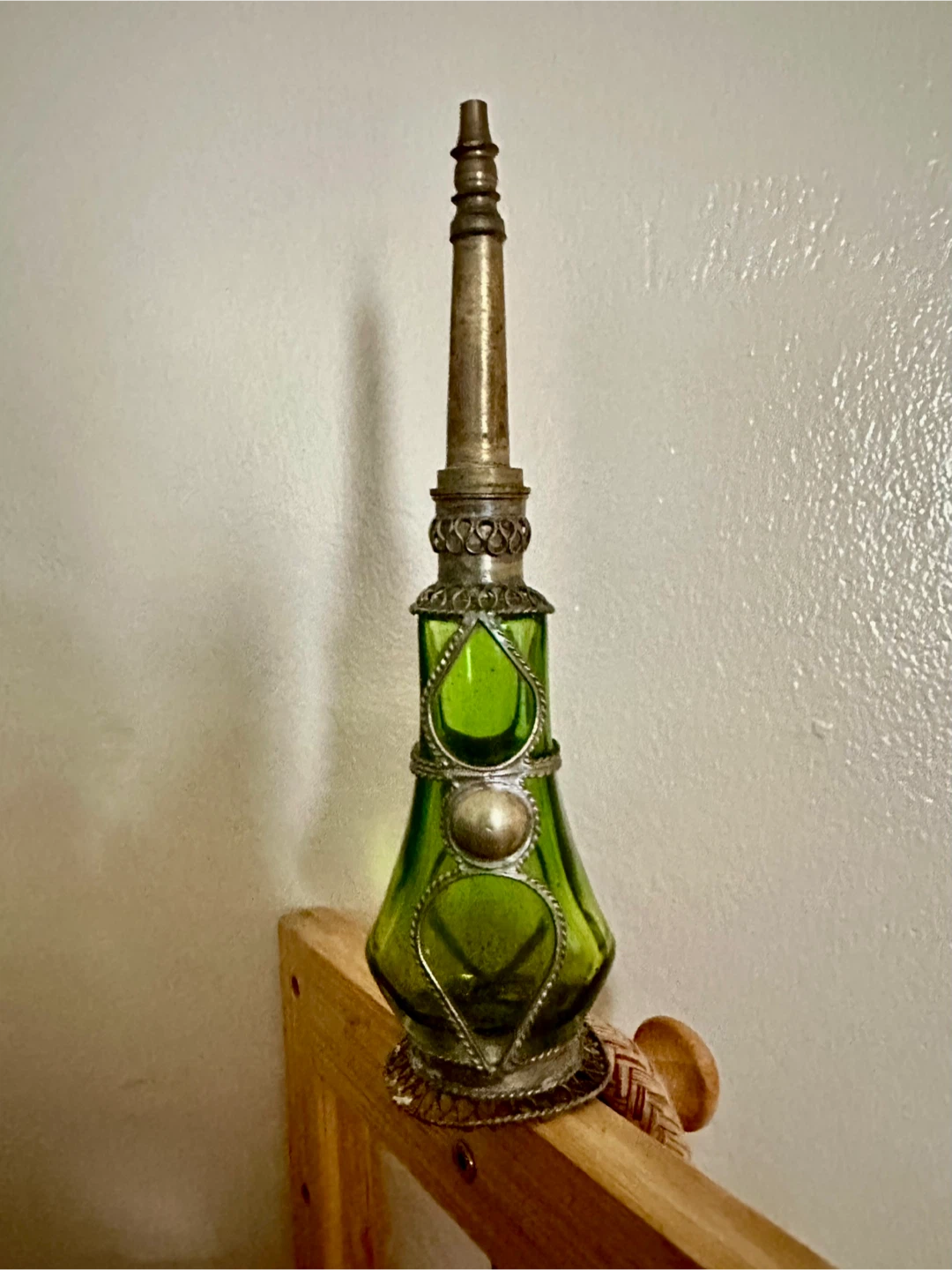 Moroccan Vintage Green Glass Perfume Bottle with Metal Overlay